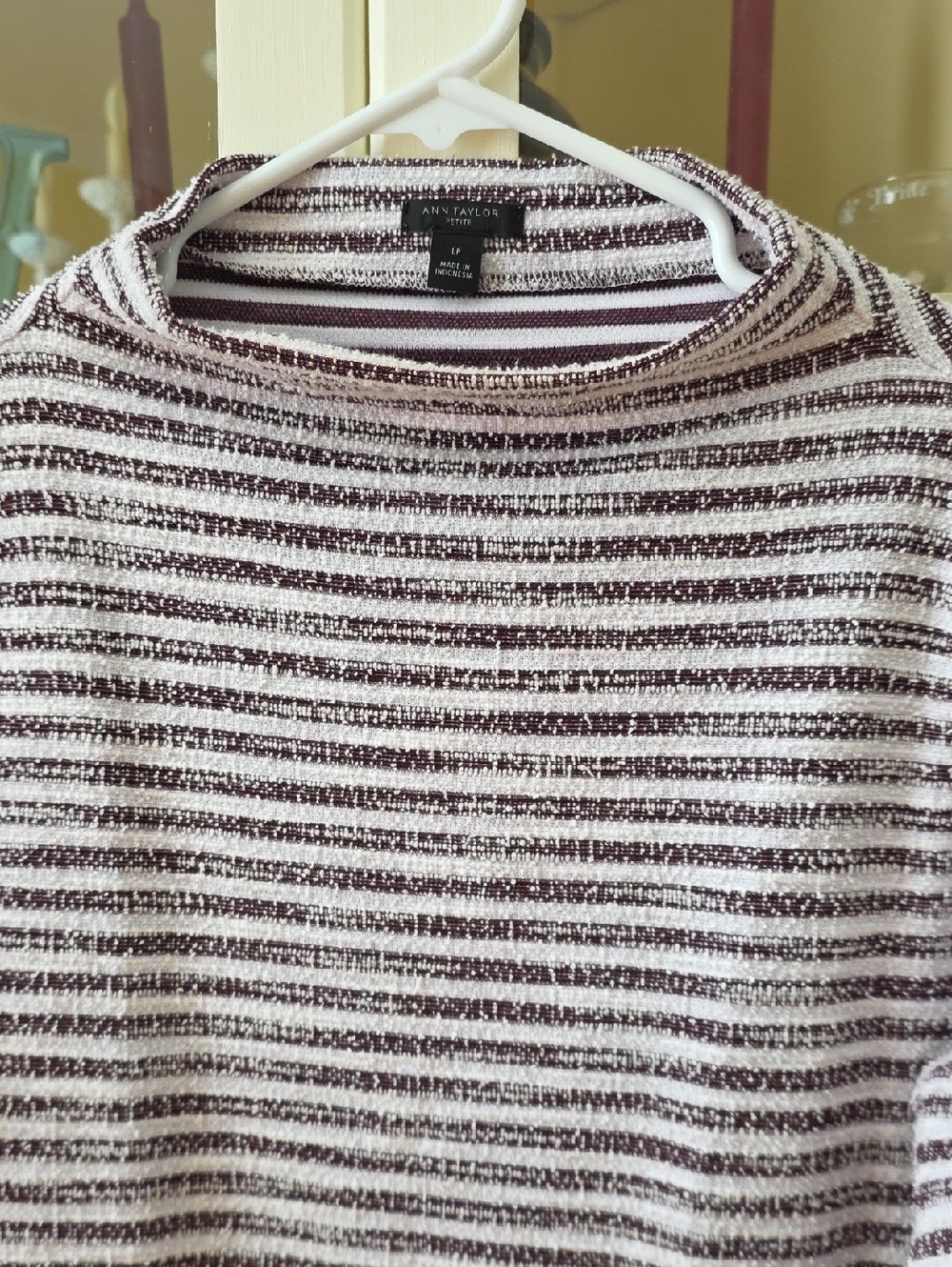 Ann Taylor Striped Crewneck Sweater in Cream and Brownish Maroon